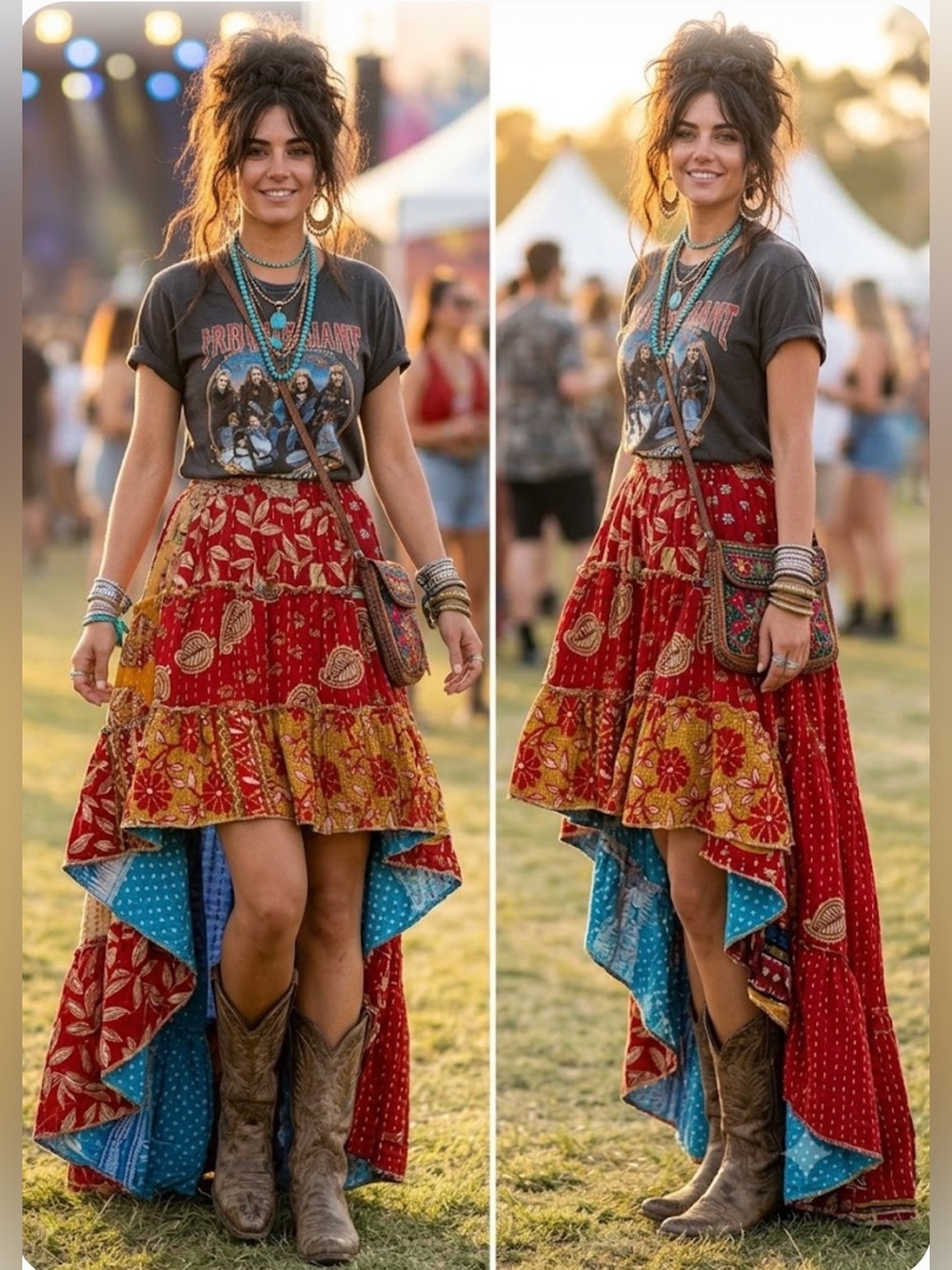 Boho Patchwork High-Low Maxi Skirt in Multi-Color